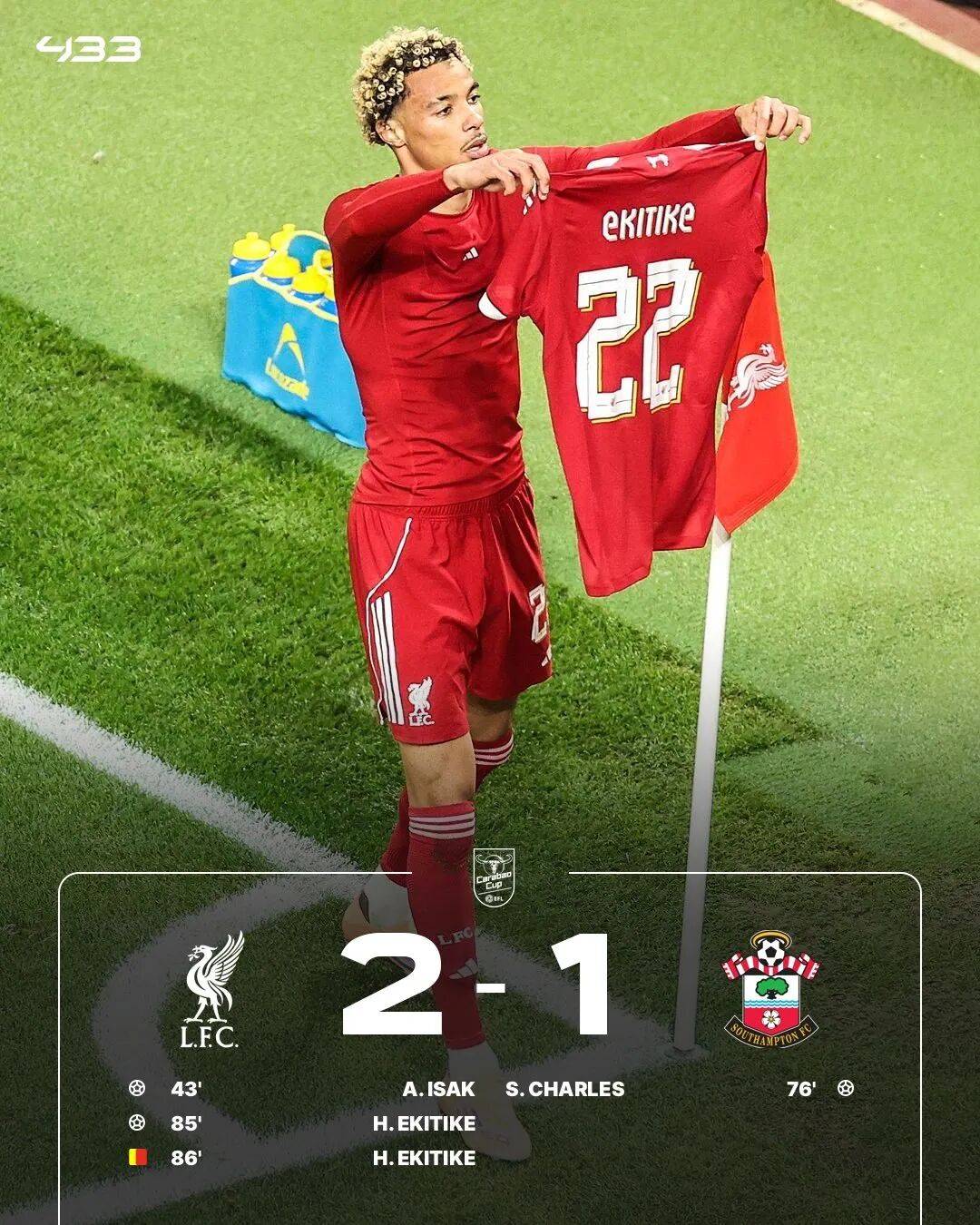 利物浦2-1南安普顿：双中锋破门 埃基蒂克无脑染红